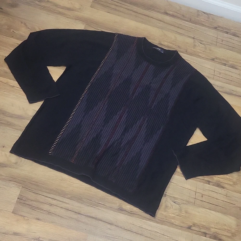 GUY LAROCHE Black Gray Orange Brown Wool Tencel Crewneck Lightweight Sweater